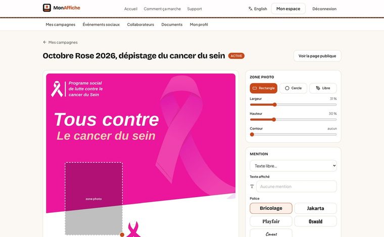 L'éditeur de campagne : l'affiche à gauche, ses réglages à droite.